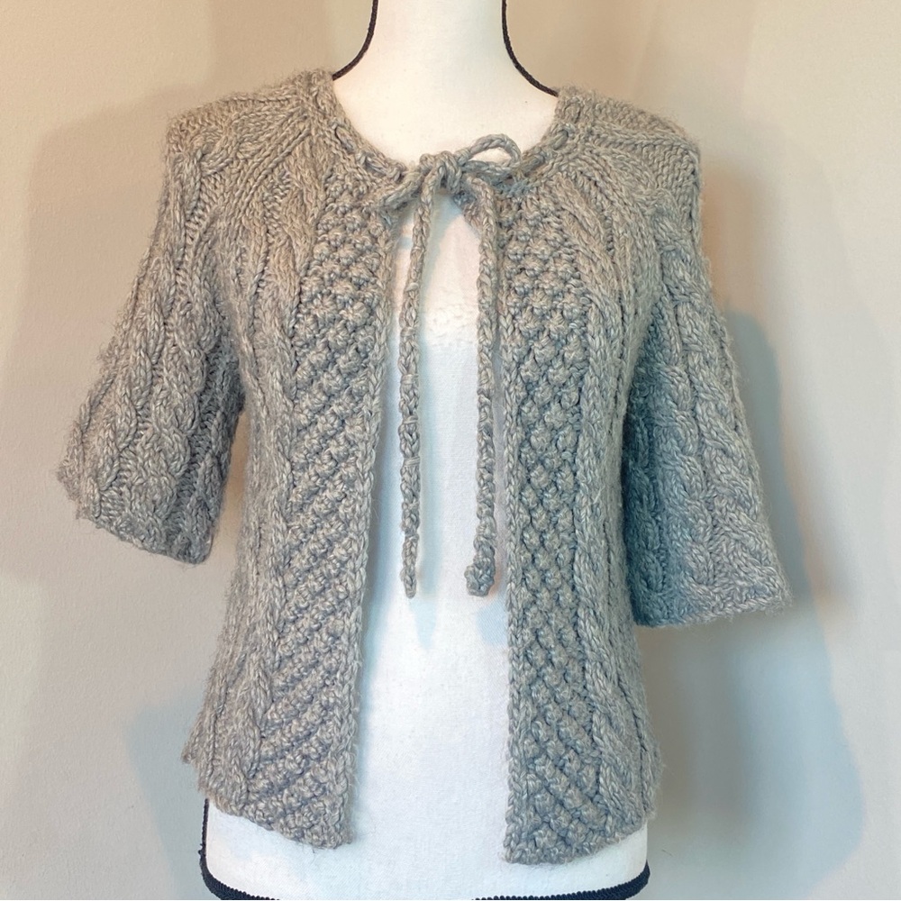Anthropologie Aphorism Sweater Crochet Gray Knit Cardigan Wool Alpaca Blend MED